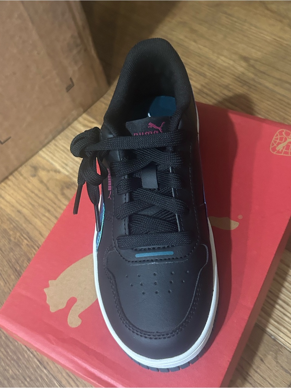 Puma Kids Black Sneakers with White Sole and Teal Accent